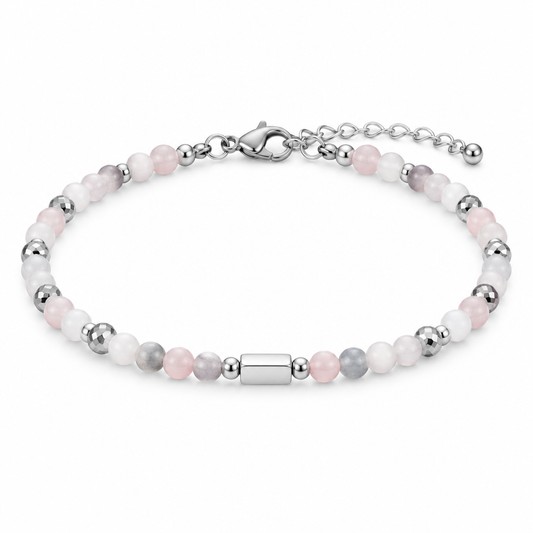 Bialo-rozowo-szara bransoletka z prostokatnym stalowym elementem, produkt na bialym tle
