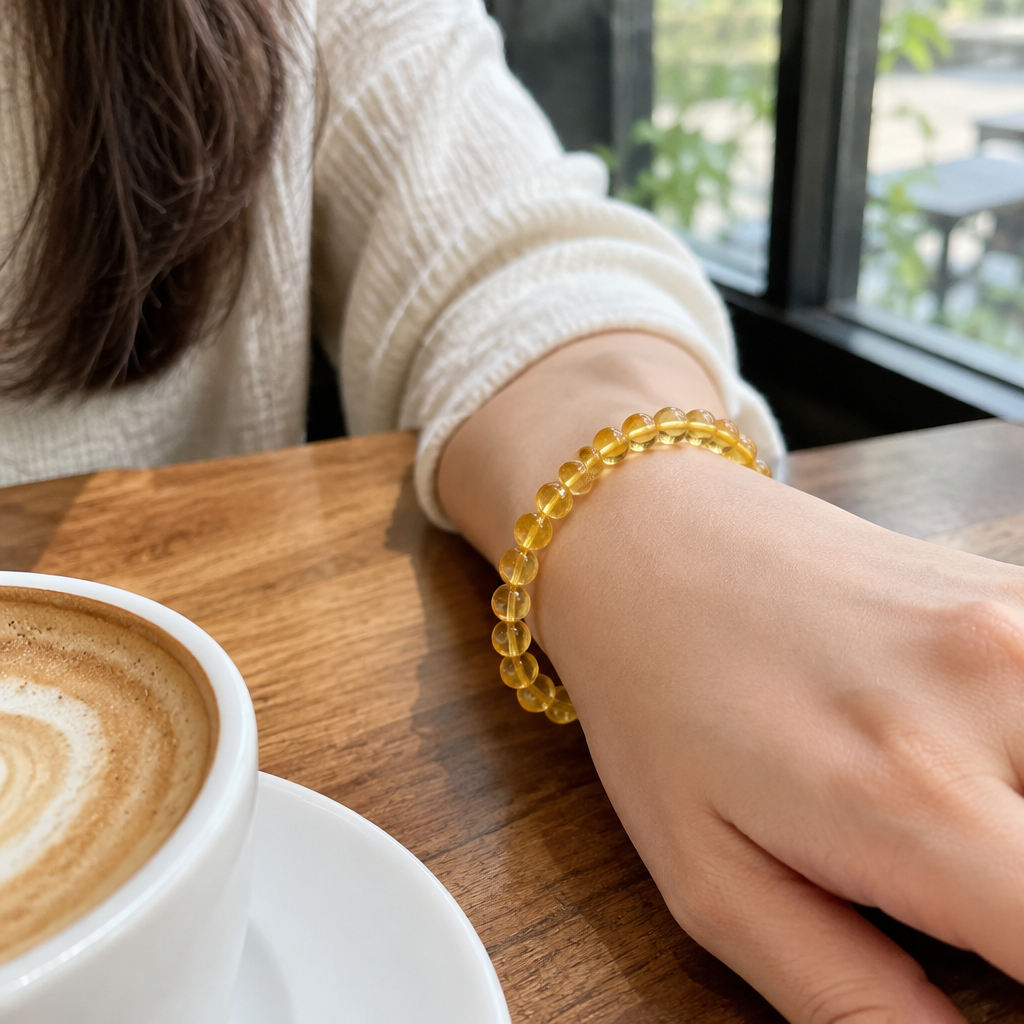 Bransoletka Citrine 8 mm na nadgarstku, lifestyle restauracja