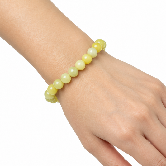 Bransoletka z cytrynowego jadeitu, specyfikacja na bialym tle, 8 mm Lemon Jade, Handmade, 27 g