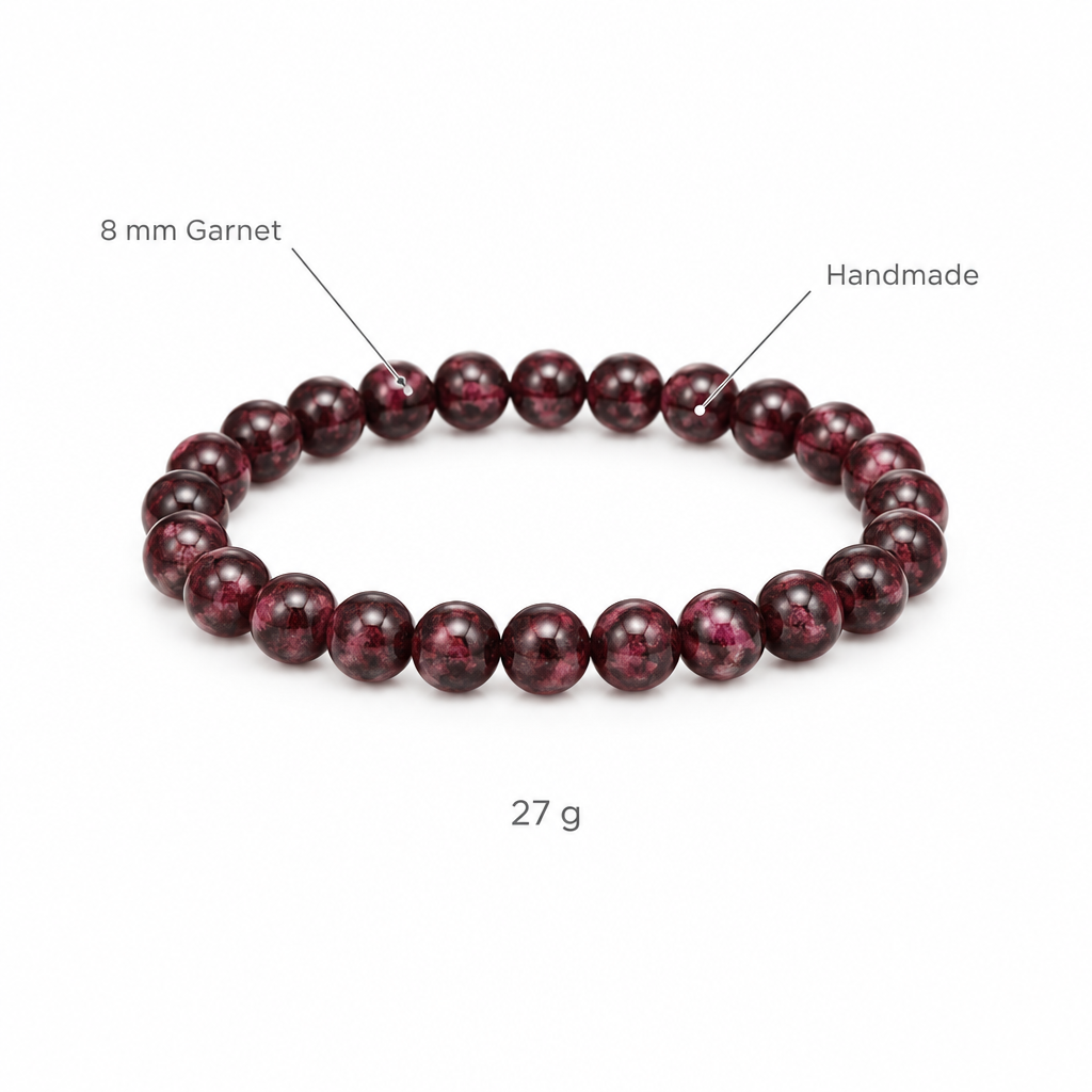 Bransoletka z granatu, specyfikacja na bialym tle, 8 mm Garnet, Handmade, 27 g