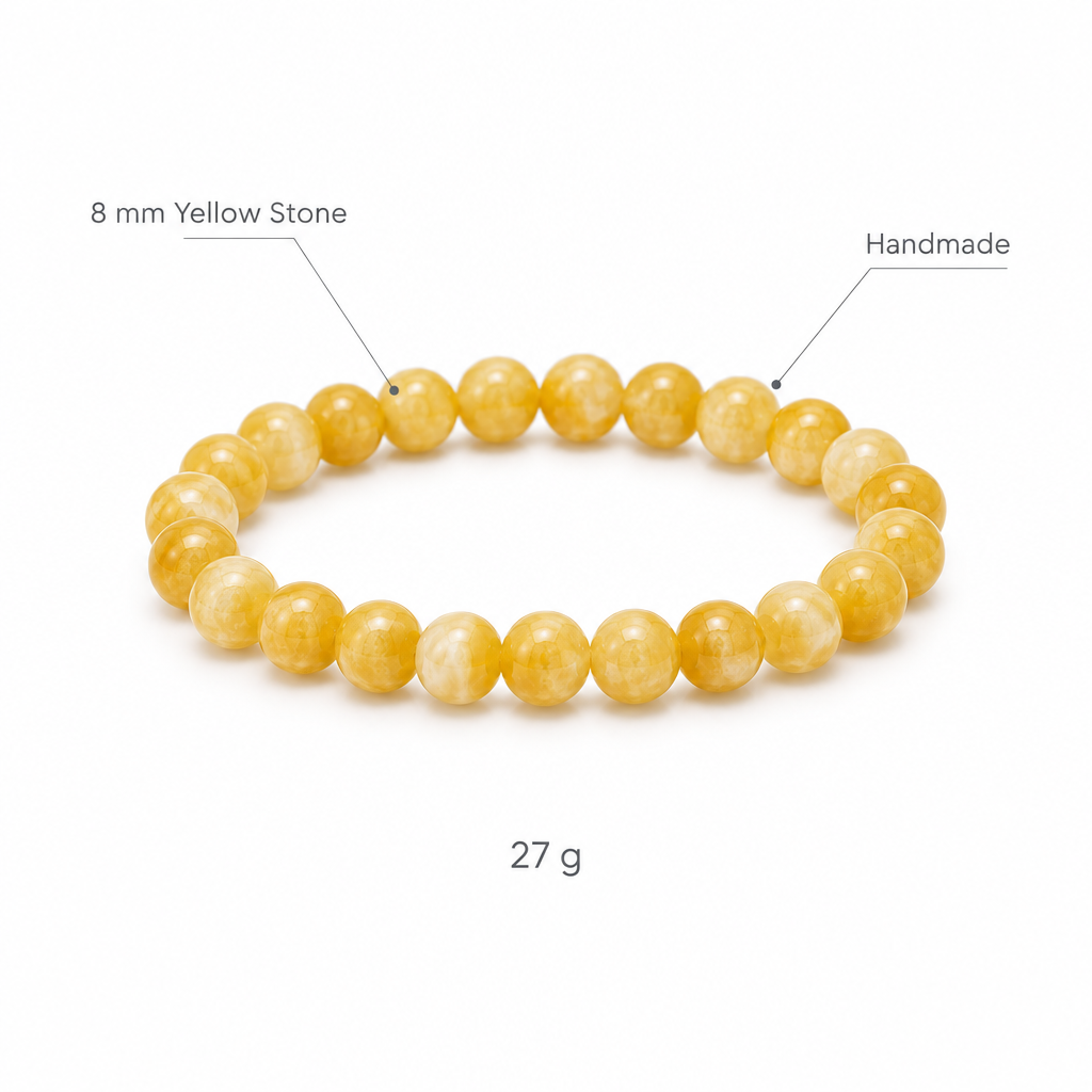 Bransoletka z zodtego kamienia, specyfikacja na bialym tle, 8 mm Yellow Stone, Handmade, 27 g