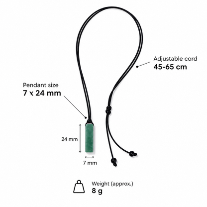 Specyfikacja naszyjnika z kamieniem naturalnym – wisiorek 7 × 24 mm, sznurek regulowany 45–65 cm, waga ok. 8 g