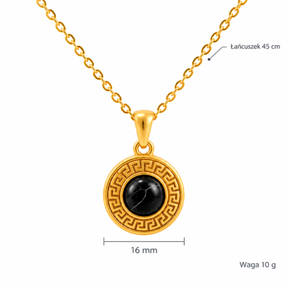 Specyfikacja złotego naszyjnika z czarnym turkusem w meandrze: wisiorek 16 mm, łańcuszek 45 cm, waga 10 g