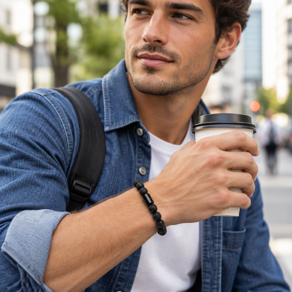Lifestyle: mężczyzna z kawą na ulicy nosi czarną bransoletkę z kamienia lawowego