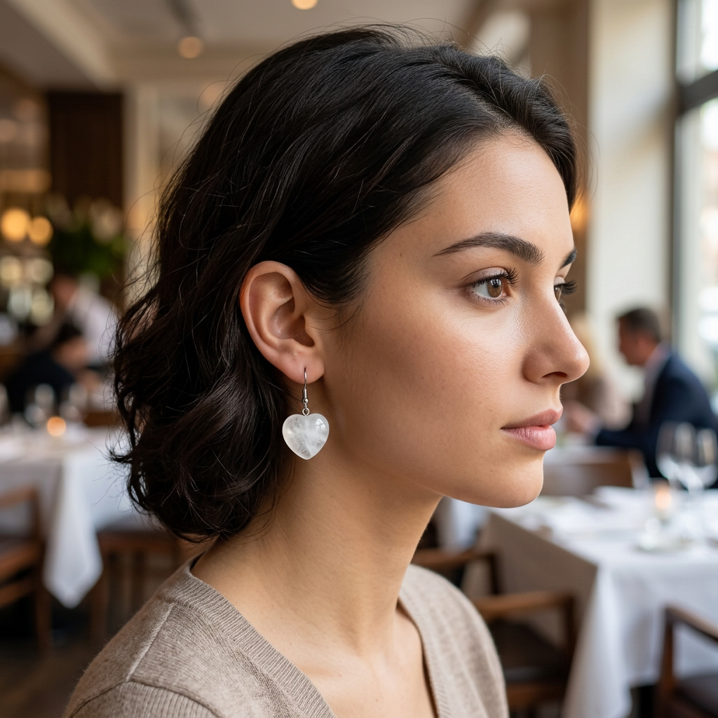 Modelka z małym białym kolczykiem sercem w restauracji